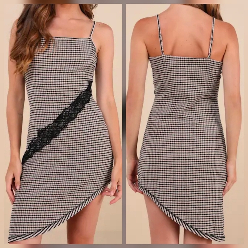 Daisy Street Edgy Delight Beige and Black Gingham Asymmetrical Mini Dress, XS